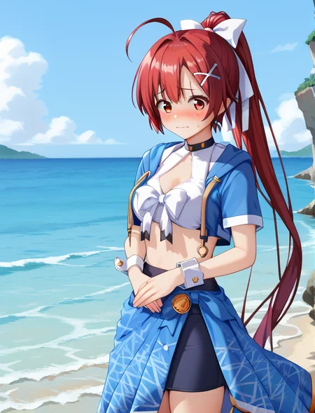 score_9, score_8_up, score_7_up, score_6_up, score_5_up, score_4_up, (source_anime:1.3),(masterpiece:1.3), (high quality:1.3),(1girl: pia3_tp,blue cropped jacket,midriff,halterneck,white front-tie top,cleavage cutout,wrist cuffs,navy pencil skirt,blue sarong,i-168, red eyes, red hair, ahoge, very long hair, ponytail, x hair ornament, hair ribbon, white ribbon,embarrassed,blush), <lora:pia_carrot_3_outfits:1.0>, <lora:i-168_scarxzys:1>,ocean,cowboy shot,