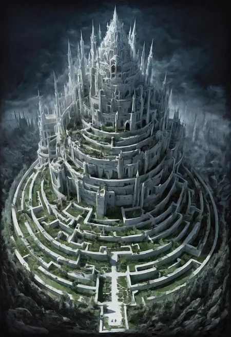castle , A traveler contemplates a gigantic labyrinth made up of dozens of white, grass, medical towers. labyrinth , evil villain ,darkness, fog, easter eggs, opposites