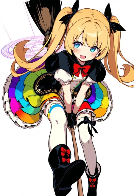 masterpiece, best quality, very aesthetic, absurdres, 
full body, solo, 1girl, nellie \(fantasica\), rainbow girl, 
blue eyes, blonde hair, very long hair, twintails, 
hair ribbon, black ribbon, black capelet, red bowtie, layered dress, rainbow dress, multicolored dress, frills, puffy short sleeves, fingerless gloves, black gloves, thigh ribbon, white thighhighs, zettai ryouiki, ankle boots, black footwear, 
broom riding, holding broom, between legs, magic circle, outstretched legs, shoe soles, 
from above, looking at viewer, sideways glance, smile, open mouth, blush, 
white background,
