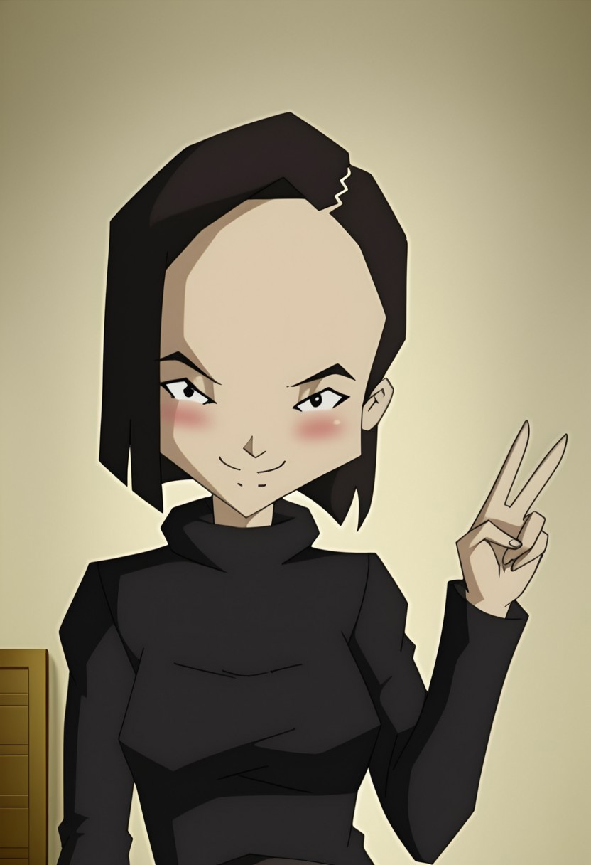 yumi18ishiyamacl, BlackOutfitS1A,
perfect boobs, looking at viewer, smile, mouth closed, embarrassed, sexy look, naughty look, peace fingers,
bedroom,