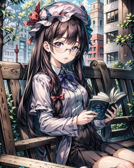 <lora:Patchi V1:1>, 1girl, solo, Patchi, cowboy shot, school uniform, mob cap, glasses, sitting at park, reading a book, daylight, <lora:add_detail:0.65>, masterpiece, best quality