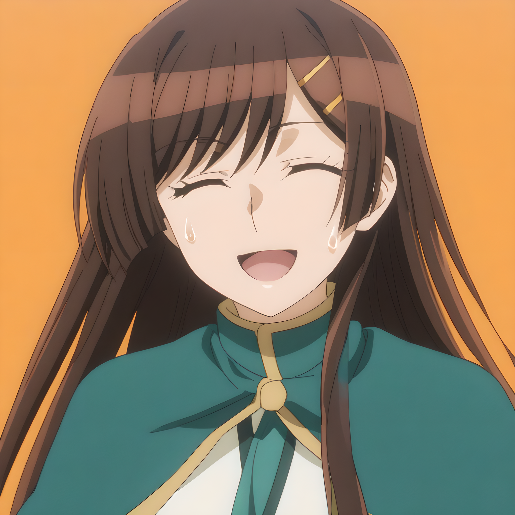 otonashi_hibiki, solo, closed eyes, 1girl, hairclip, hair ornament, brown hair, sweatdrop, open mouth, long hair, orange background, upper body, smile, school uniform, capelet, ^ ^<lora:Otonashi_Hibiki:1>