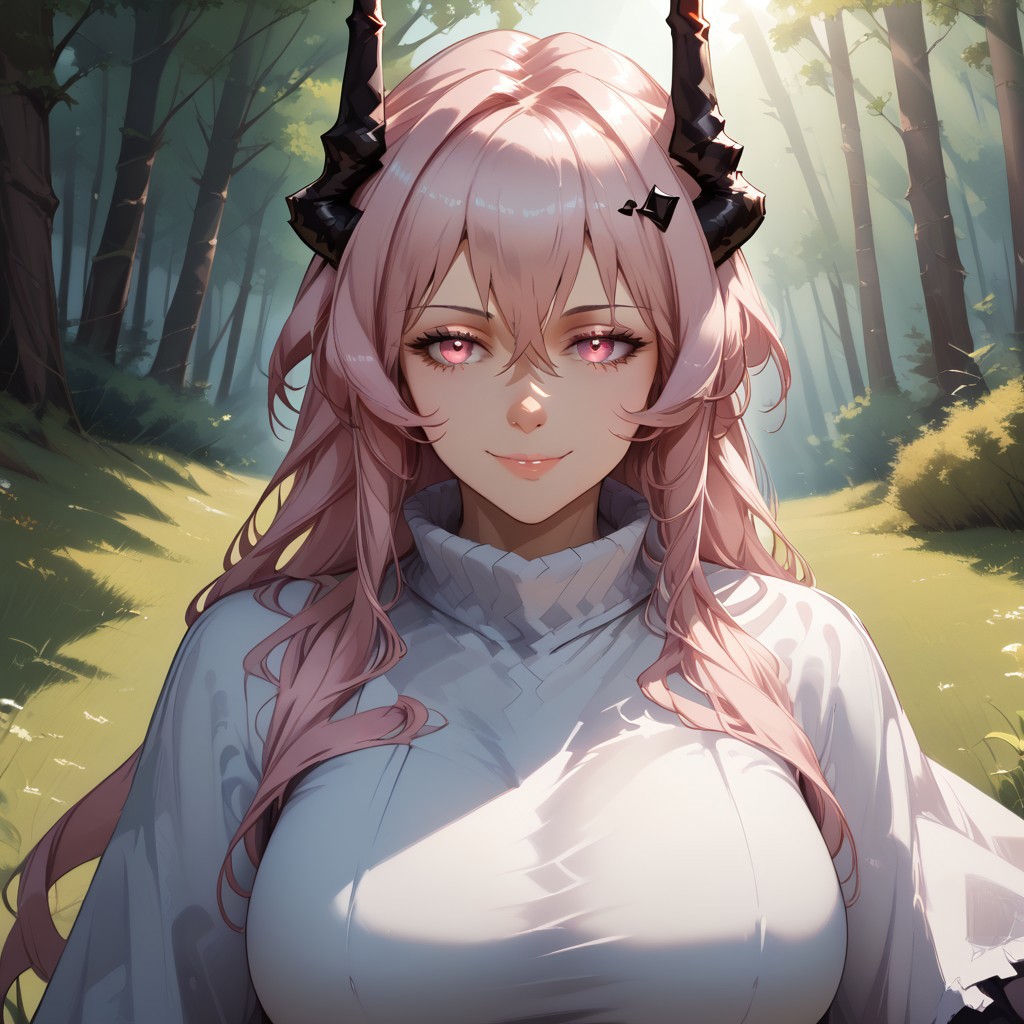 score_9, score_8, BREAK, solo, ((theresa (arknights))), horns, black horns, pink hair, pink eyes, hair between eyes, long hair, sidelocks, bangs, adult female, mature female, big breasts, sexy pose, self portrait, smile, looking at viewer, outdoors, sunlight, shadows, evening lighting, natural lighting, forest, trees, grass, orange sky, sunset