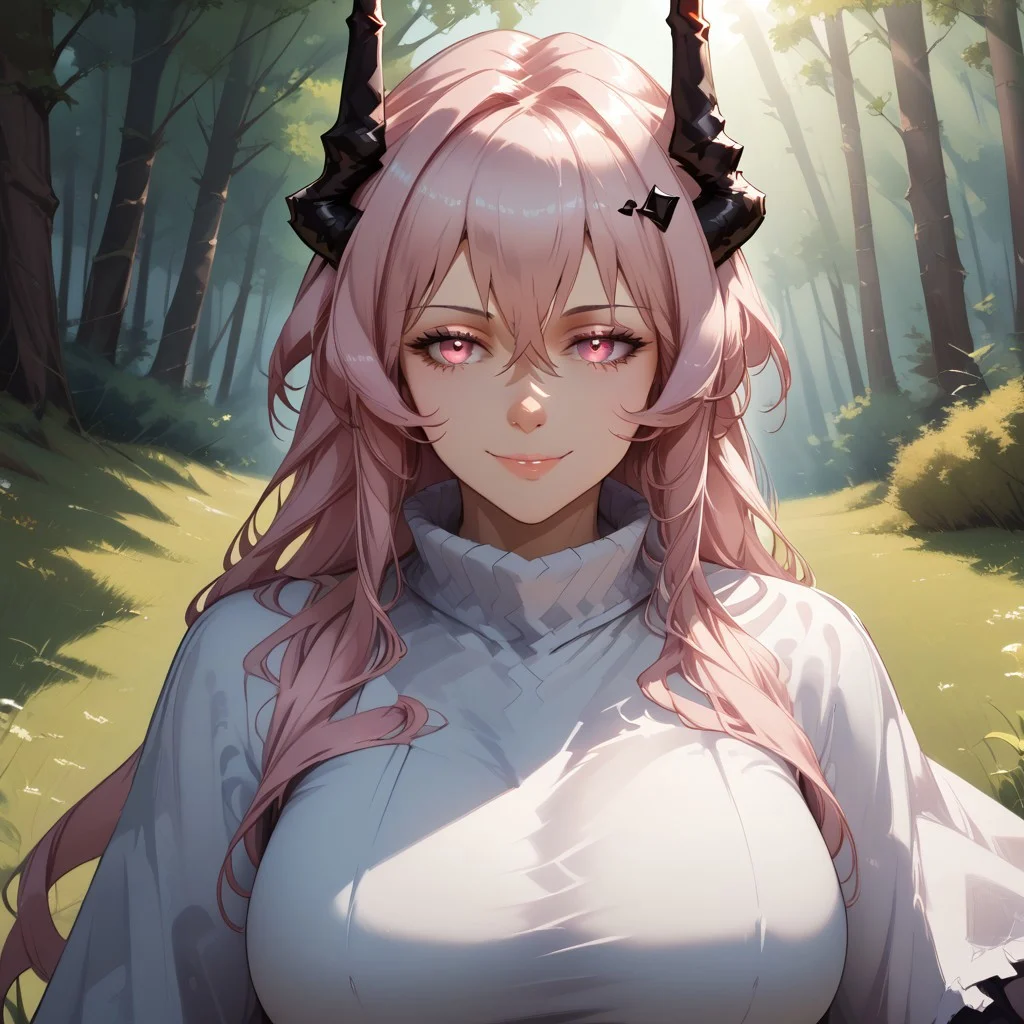 score_9, score_8, BREAK, solo, ((theresa (arknights))), horns, black horns, pink hair, pink eyes, hair between eyes, long hair, sidelocks, bangs, adult female, mature female, big breasts, sexy pose, self portrait, smile, looking at viewer, outdoors, sunlight, shadows, evening lighting, natural lighting, forest, trees, grass, orange sky, sunset