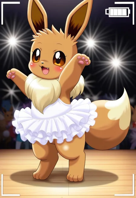 anime style,konzaburou,syuro,eevee,furry,feral,cute,(transparent short white idol dress)
BREAK
solo,dancing,kawaii pose,show,on stage
BREAK
recording