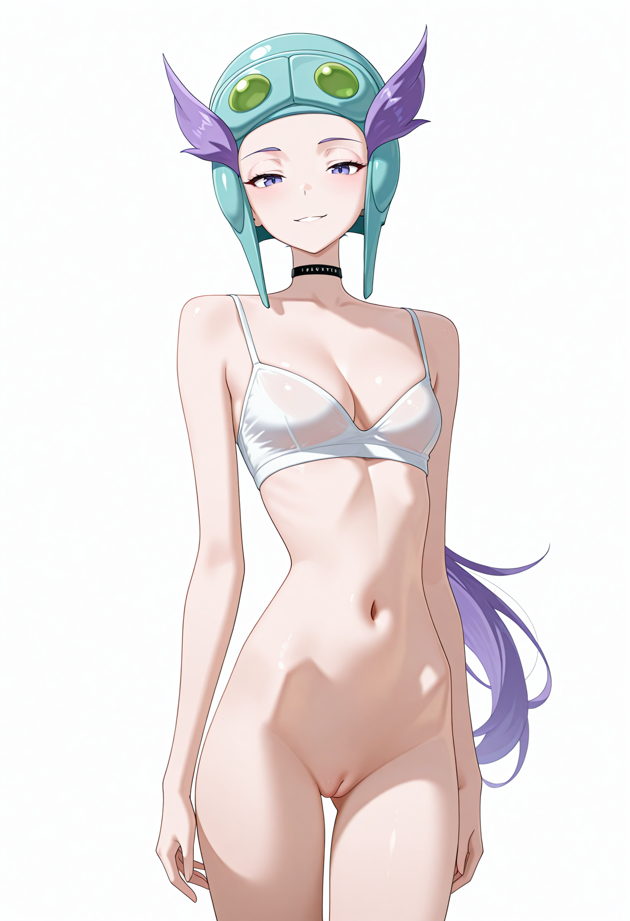 otokakoto, 1girl, solo, black choker, w1nona, purple eyes, purple hair, low ponytail, pilot helmet, white bra, bare shoulders, see through clothes, bottomless, pussy, cleavage, small breasts, looking at viewer, smile, hip bones, white background, absurdres, newest, masterpiece, top quality, official art, best quality,  <lora:WinonaIL:1> <lora:otokakotostyleIL:1>