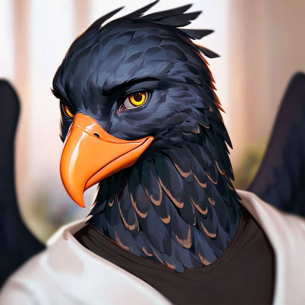(((beautiful, high quality))), upper Body, score_9, score_8_up, score_7_up,
Aarakocra, furry bird, wings, 1boy, male focus, black feathers, yellow eyes, black shirt,
looking at the viewer, posing, blurred background,