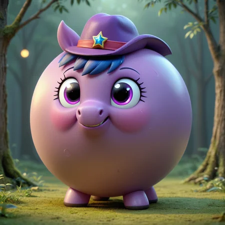3d render of a large inflated sphrml spherical fat twilight sparkle, derpy, earing a fedora, a fantasy forest<lora:spherimal:1>