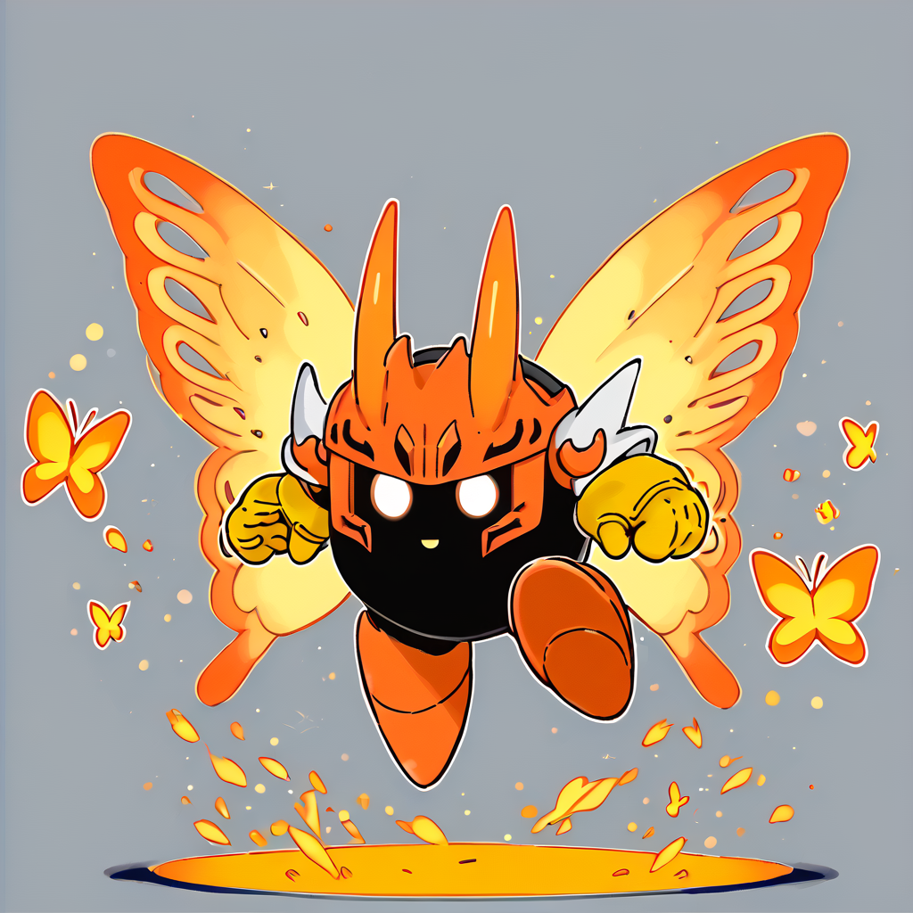 solo, (thick lineart:1)
 <lora:KirbyJP:1>
 <lora:Morphoknight:0.8> Morphoknight, Orange horns, White eyes, Glowing eyes, Orange butterfly wings, Orange footwear, Yellow gloves,
