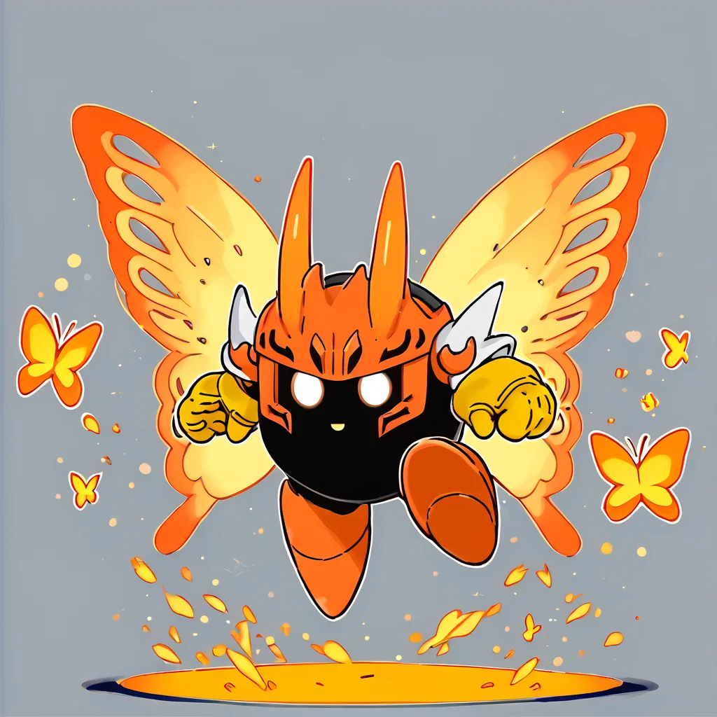 solo, (thick lineart:1)
<lora:KirbyJP:1>
<lora:Morphoknight:0.8> Morphoknight, Orange horns, White eyes, Glowing eyes, Orange butterfly wings, Orange footwear, Yellow gloves,