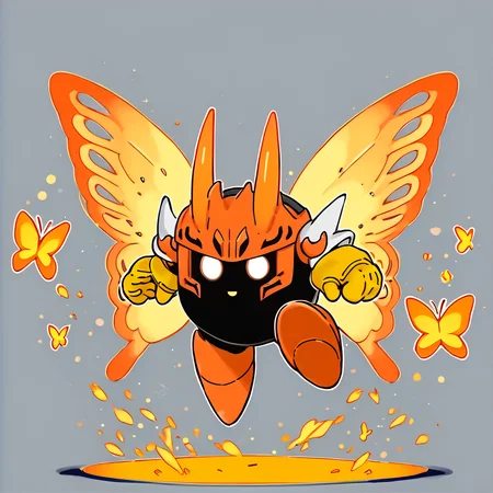 solo, (thick lineart:1)
 <lora:KirbyJP:1>
 <lora:Morphoknight:0.8> Morphoknight, Orange horns, White eyes, Glowing eyes, Orange butterfly wings, Orange footwear, Yellow gloves,