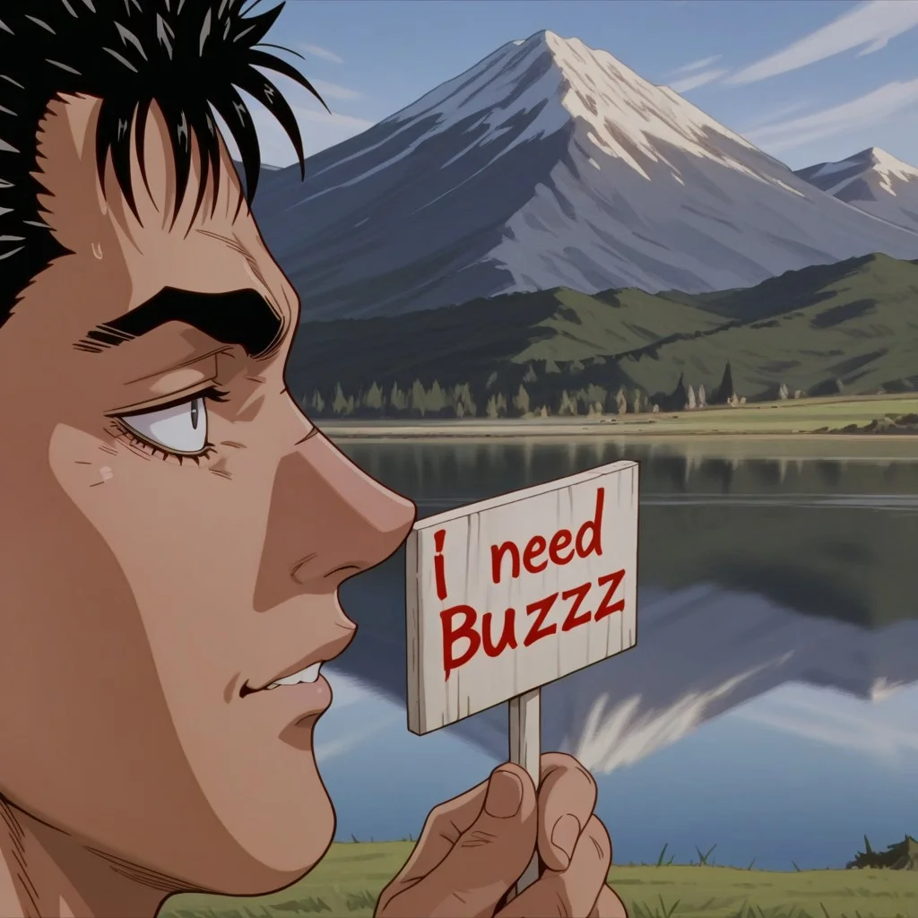 masterpiece, best quality, amazing quality, berserk, mountain overlooking a lake, holding a sign saying I Need Buzz, close up, guts, mad face,