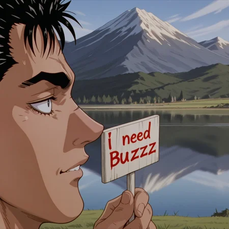 masterpiece, best quality, amazing quality, berserk, mountain overlooking a lake, holding a sign saying I Need Buzz, close up, guts, mad face,