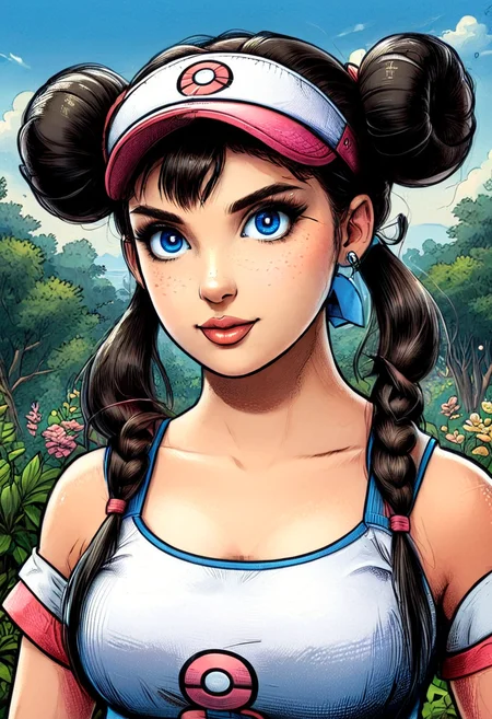 scary rosa (pokemon), hair bun, blue eyes, twintails, visor cap, outdoor, comic illustration, perfecteyes, mobe-90c0m, high quality, absurdres, 4k, <lora:RetFutCom-V1:0.90>, <lora:Rosa_XL:0.85>, <lora:PerfectEyesXL:1>, <lora:add-detail-xl:0.90>,