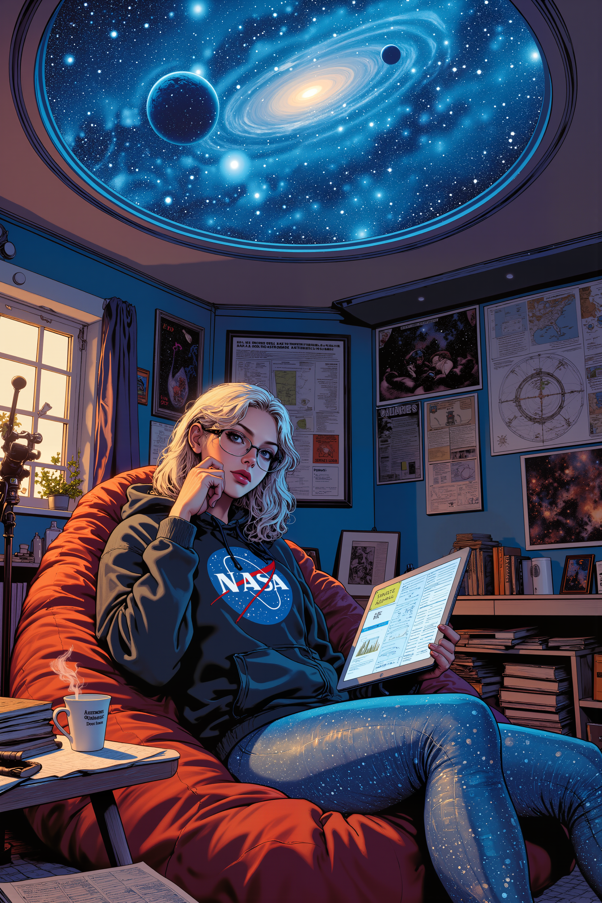 Bathed in the soft glow of a planetarium projector, a breathtakingly beautiful woman with platinum blonde hair and striking blue eyes lounges on a beanbag chair, adjusting her thick-framed glasses as galaxies swirl across the domed ceiling. Dressed in an oversized NASA hoodie and cosmic-patterned leggings, she exudes effortless intelligence, her mind lost in the mysteries of the cosmos. Her fingers trace the glowing outlines of constellations on her tablet, where detailed star maps and astrophysics calculations cover the screen. Around her, stacks of astronomy textbooks and notebooks filled with intricate planetary diagrams lie scattered, their pages marked with neon sticky notes. A telescope near the window stands ready, aimed at the night sky beyond, while posters of nebulae and distant exoplanets adorn the walls. A steaming cup of matcha sits nearby, its surface still rippling as if stirred by the gravitational pull of her presence. She bites her lip in concentration, pushing up her glasses with a single finger, unaware of just how mesmerizing she looks under the celestial glow. , detailed background  Fantastic lighting. Detailed shadows.intricate details, vivid colors, hyper-detailed, ultra-sharp, , <lora:RetroAnimeFluxV1:0.4> <lora:Vintage comic book:0.7> <lora:MoriiMee_Gothic_Niji_Style_FLUX:1.0>