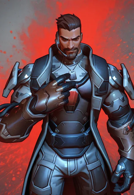2.5d, 3d reaper \(soldier: 24\) \(overwatch)\, 1boy, bara, muscular, dark skin, short hair, brown hair, brown eyes, ultra-detailed eyes, undercut, beard, armor, gloves, dogtag, earphone, gray camouflage top, trench coat, long sleeves, gauntlet, vibrant red color palette, abstract, abstract background, dreamlike atmosphere, delicate linework, looking at viewer, ultra-detailed face, best quality, absurdres, newest, perfect quality, intricate details