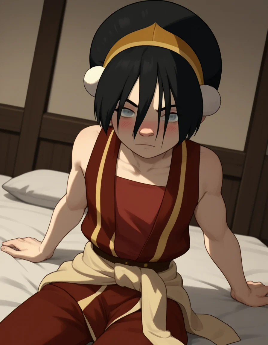 score_9, score_8_up, score_7_up, source_anime, <lora:toph-beifong-book2book3-ponyxl-lora-nochekaiser:1>, toph beifong, black hair, hairband, blind, grey eyes, hair between eyes, short hair,, shirt, sleeveless, red shirt, collarbone, bare shoulders, red pants, clothes around waist, gold hairband,, indoors, bed, bed room, on side, blush, drunk, looking at viewer, solo,, cowboy shot, dutch angle