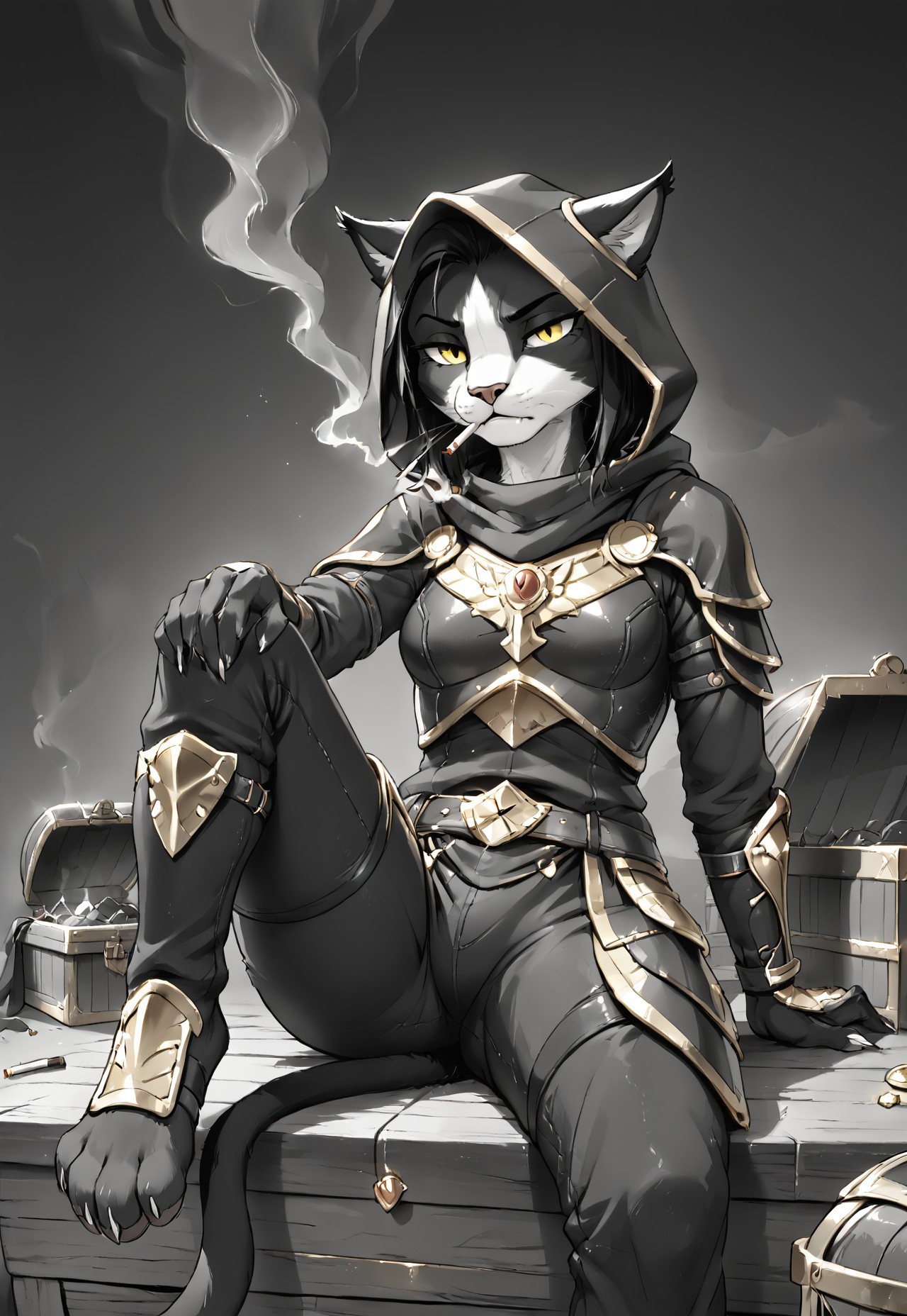 masterpiece, score_9, source_furry, anthro, furry, 1girl, Ember (ESO), feline, black and white fur, hood, yellow eyes, detailed fur, smoking cigarette, black armor, monochrome, sitting on treasure chest, pants, cat tail, detailed treasure chest, bored, leg on leg, depressed atmosphere, simple background, minimalistic