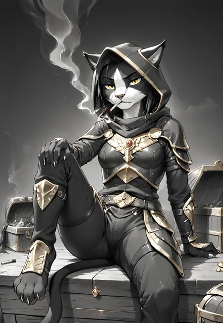 masterpiece, score_9, source_furry, anthro, furry, 1girl, Ember (ESO), feline, black and white fur, hood, yellow eyes, detailed fur, smoking cigarette, black armor, monochrome, sitting on treasure chest, pants, cat tail, detailed treasure chest, bored, leg on leg, depressed atmosphere, simple background, minimalistic