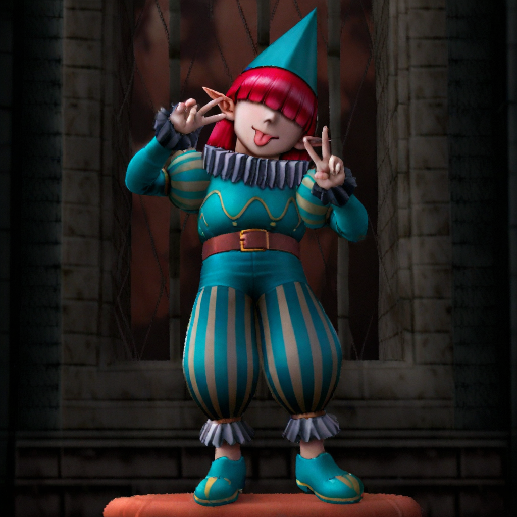 1girl,solo,red hair,bangs,hair over eyes,pointy ears,hat,ruff collar,shirt,puffy sleeves,belt,striped pants,shoes,tongue out,up close,v,standing