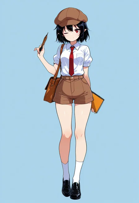 masterpiece, best quality, very aesthetic, absurdres, 1girl, shameimaru aya, shameimaru_aya_(newsboy), touhou, black hair, short hair, red eyes, cabbie hat, flat cap, brown shorts, brown hat, red necktie, white shirt, white socks, black shoes, small breasts, tall, long legs, no wings, wink, notebook, nib_pen_(object), full body, shoulder bag, cowboy shot