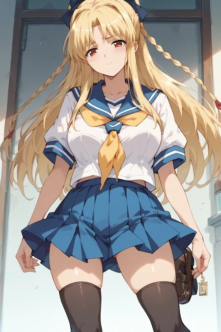 score_9, score_8_up, score_7_up, masterpiece, best quality,
<lora:pony_good_hands:0.5>, good_hands,
1girl, mature female,
large breasts, wide hips,
<lora:YuriKashima:0.7> YuriKashima, hair ribbon, twin braids,
serafuku, yellow neckerchief, black thighhighs, skirt, loafers,