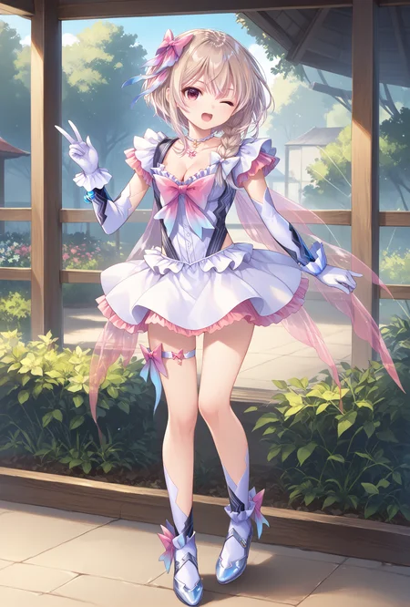 score_9, score_8_up, score_7_up, score_6_up, score_5_up, score_4_up,anime source,
usami,1girl,blonde hair,braid,white hair bow,one eye closed, open mouth,
skirt, dress, magical girl, frills, thigh strap,hair bow,elbow gloves, jewelry, necklace,cleavage,
garden,full body, V sign,<lora:UsamiXLPony:1>,<lora:hinakomagicalXLPony:1>