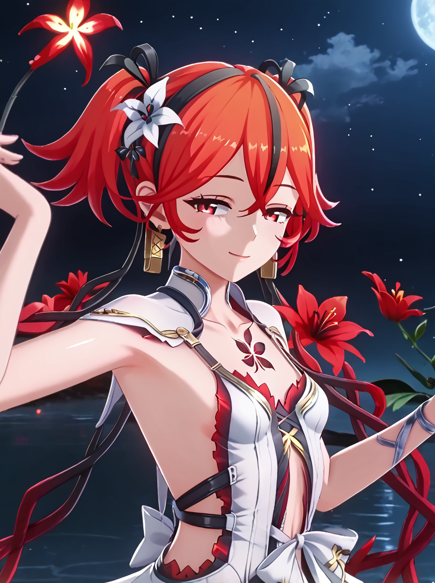 detailed background, shiny skin, rating safe,
<lora:camellya.pony:1.0>,
camellya, red hair,  red eyes, 
smirk, half-closed eyes,
night, dark, flower,