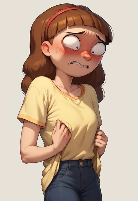 score_9, score_8_up, score_7_up, score_6_up, score_5_up, score_4_up, 1girl, morticiasmith, brown hair, hairband, undressing, half dressed, embarrassed,