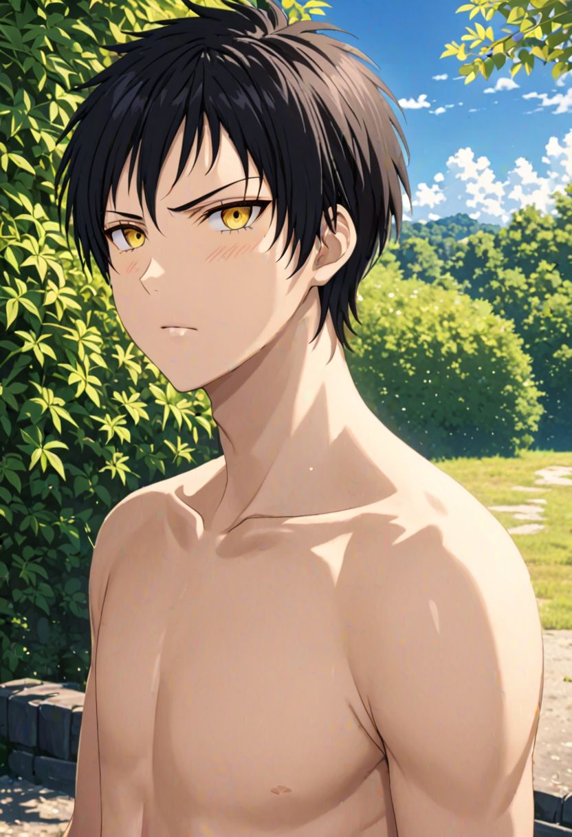 Sasuke Tsubaki, Yellow Eye,  masterpiece, best quality, (1boy), solo, male focus, High definition, Black hair, 4K, narcissistic, outdoors