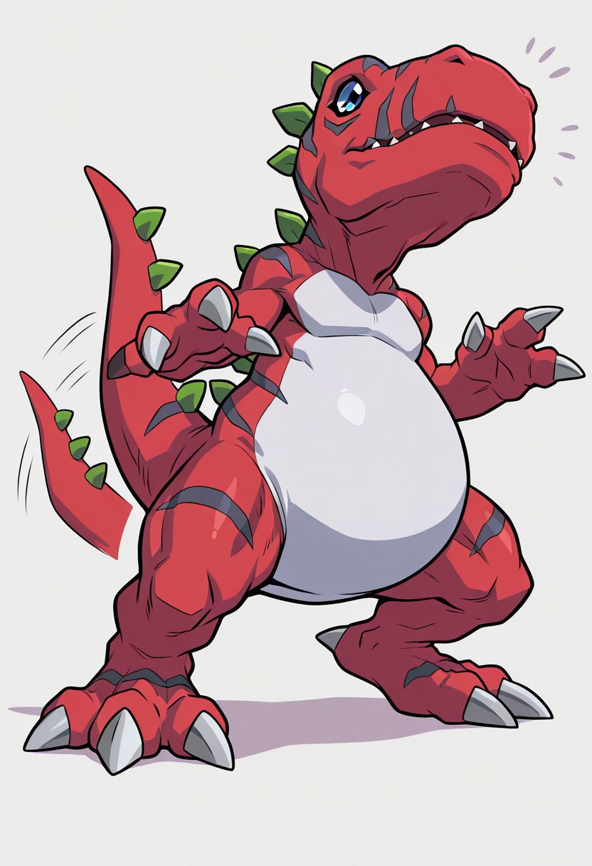 masterpiece,best quality,amazing quality, ultra high detail, good anatomy, perfect anatomy, anatomically correct hands, ultra detailed face, solo, , handsome, male only, Tyrannomon, Tyranomon, Digimon, Digital, Monster, red body, green spines, blue eyes, white belly on just tyrannomon,, three fingers, three toes, feral, buff, male only, tail in view, tail wagging, smile, swooning