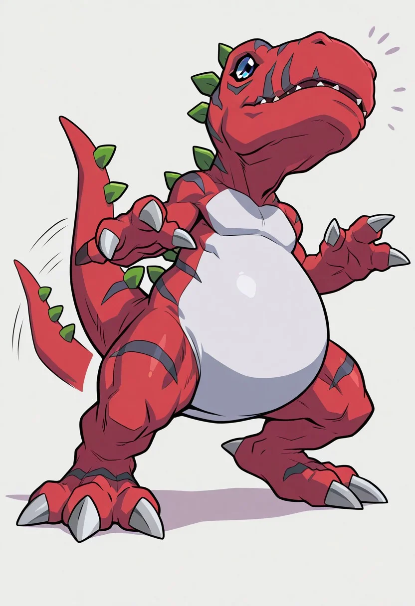 masterpiece,best quality,amazing quality, ultra high detail, good anatomy, perfect anatomy, anatomically correct hands, ultra detailed face, solo, , handsome, male only, Tyrannomon, Tyranomon, Digimon, Digital, Monster, red body, green spines, blue eyes, white belly on just tyrannomon,, three fingers, three toes, feral, buff, male only, tail in view, tail wagging, smile, swooning