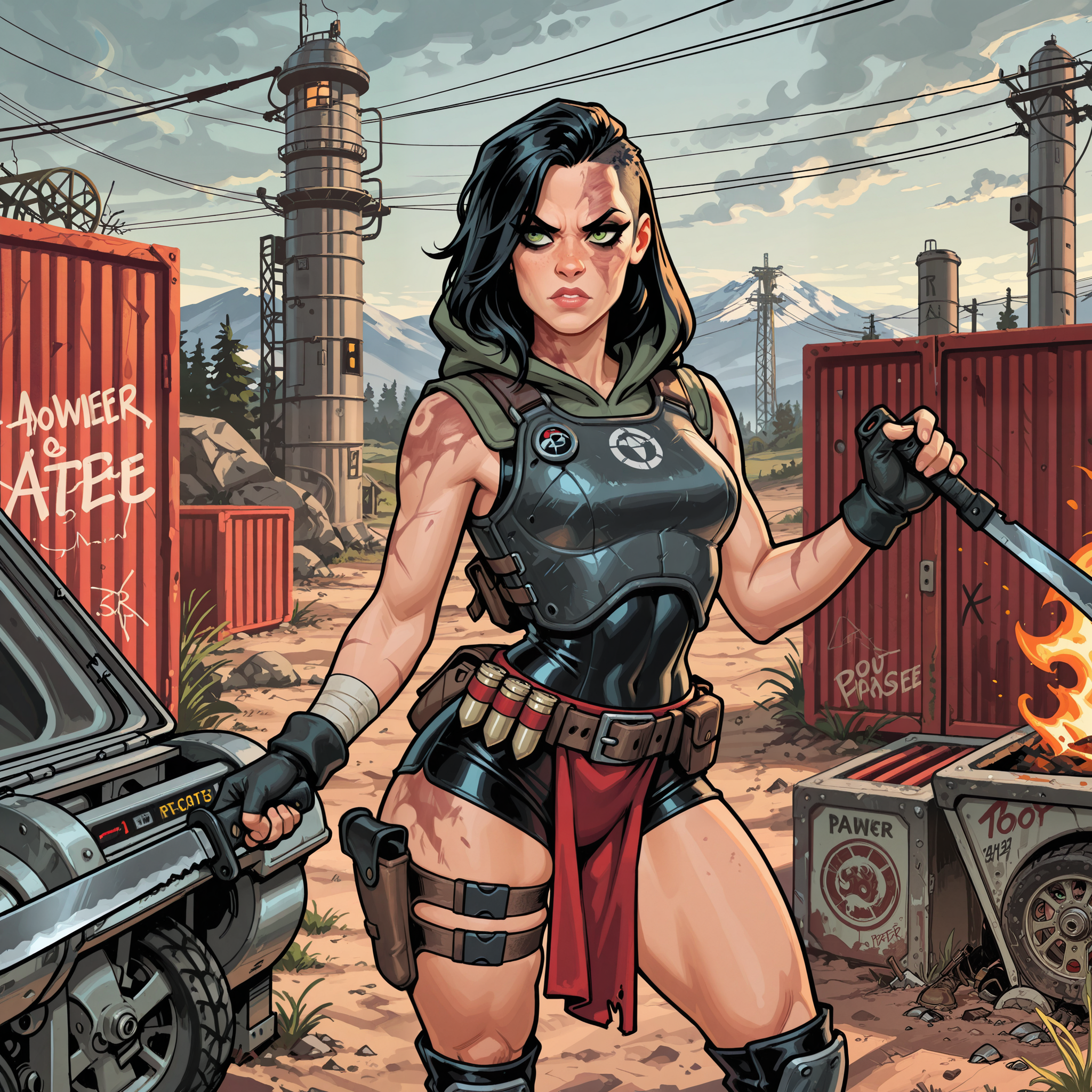 2d, concept art,

masterpiece, best quality, amazing quality,

hand holding one machete, angry expression,

BREAK

eye contact:1.15, facing viewer:1.25, cowboy shot, 

pinup pose,

BREAK

perfect anatomy, perfect hands, perfect fingers, detailed character, detailed face, detailed eyes, detailed eyelashes, detailed lips,

BREAK

1girl, wasteland raider, sun-kissed skin with soot smudges, green eyes with thick eyeliner, long eyelashes, shoulder-length jet-black hair, side shave, hidden under leather hood, faint burn scar on neck,

BREAK

fit body, small breasts, small waist, wide hips,

BREAK

patched-together leather and rusted metal armor vest, tattered combat shorts with belt of ammo shells, thigh holster, worn knee-high boots with steel toe caps, fingerless gloves reinforced with scrap, red cloth wrapped around one arm,

BREAK

detailed scenery, detailed background, detailed environment, outdoors, collapsed train yard overtaken by raider camp, rusted locomotives turned into barricades, graffiti-covered shipping containers, loose wires hanging from broken light towers, oil drums turned into fire pits, smoky haze lingering over the camp under grey skies,