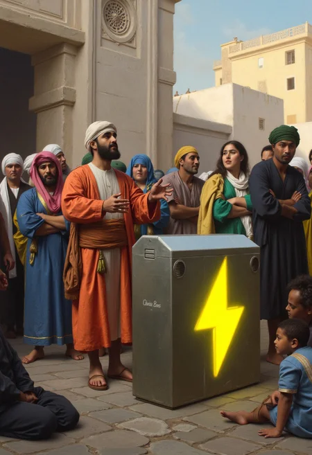 The scene is a crowded street in an Arabian town during the Ottoman Empire, as depicted in a 19th-century Orientalist oil painting by Jean-Leon Gerome. The painting depicts a market street, and the buildings in the background feature traditional Arabic architecture with geometric details around the doorways and windows. The men and women in the painting are wearing colorful traditional Arabic clothing. In the foreground, the focus of the oil painting is a man wearing traditional Arabic clothing, giving a speech and gesturing toward a large, futuristic box. The futuristic metal box is made of alien technology and has a glowing yellow lightning bolt symbol on the side (the Civitai Buzz logo). Several other men and women wearing traditional Arabic clothing are gathered around looking at the box, some with their arms folded across their chests.