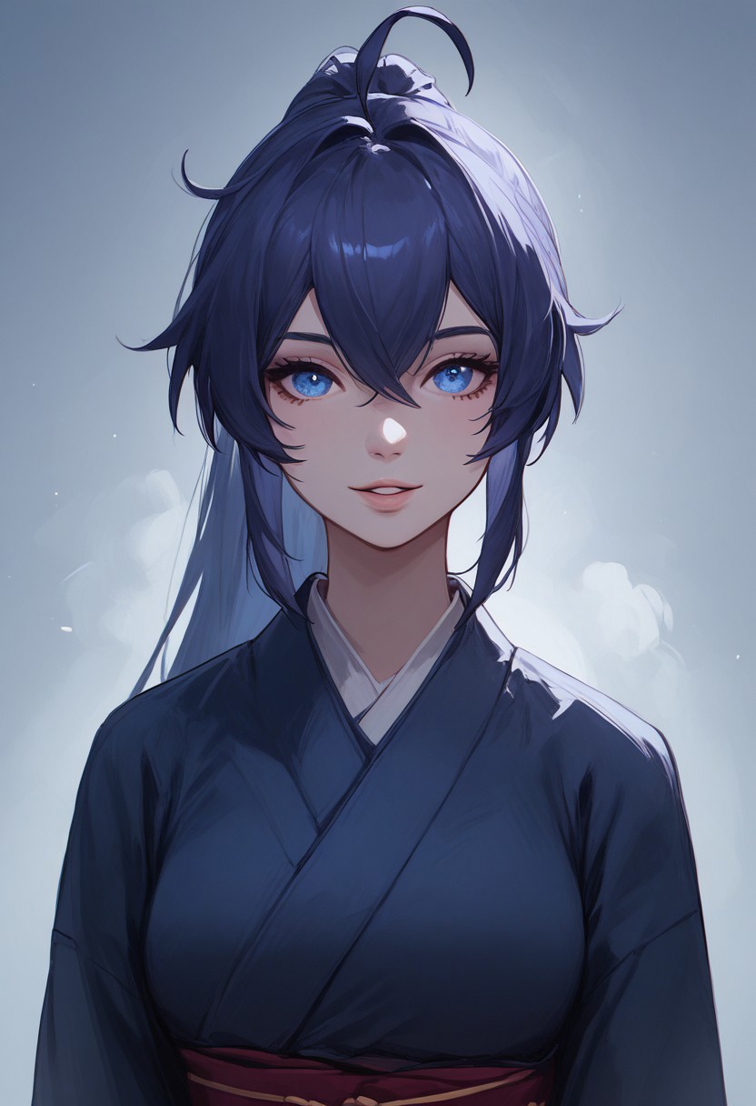score_9, score_8_up, score_7_up, score_6_up, female portrait, 1girl, solo, Kiana, ahoge, long hair, smile, bangs, blue eyes, raven hair, ponytail, kimono, close up, waist up, posing, parted lips, steam, cold weather, foggy, night time, street, walking, dynamic angle, natural light,