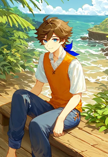 Score_9, score_8_up, score_7_up, Genshin Impact Style, source_anime, island town, tropical terrain, sandy beach, wooden pier, outside, 1man, solo
Brown hair, short hair, navy blue Bandana, short brown hair, swept bangs, staring at viewer, facing viewer, blue eyes, curious, happy, smiling, tall, tanned sliny, holding wooden surf board, blue poofy pants, knee high pants, white and orange vest, tribal sun decal on vest, white shirt, no socks, barefoot,
Holding wooden surf board, surf board tribal wave design