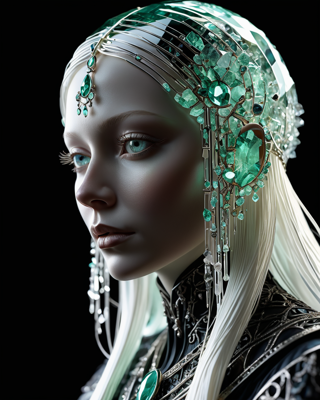 sorceress,  ZOISITE , illuminated face, sunlight shining through gemstone of semi-precious stone, Kay Nielsen, transparency, volumetric lighting, prismatic effect, black background, <lora:add-detail-xl:1.0>