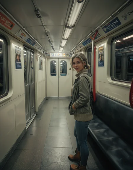 A modern subway train,Subw4y tr41n, in motion, with a single woman standing near the center of the train car, holding onto a shiny metal pole for balance as the train glides along the tracks. The woman is dressed casually yet stylishly, wearing a long black coat over a beige turtleneck sweater, paired with slim-fit jeans and ankle boots. Her hair is neatly tied back into a low bun, with a few loose strands framing her face. She has a thoughtful, calm expression, her gaze directed slightly downward as if lost in her own world. In her other hand, she holds a small tote bag, its strap looped over her wrist, with a paperback book peeking out from the top.
The subway car is clean but shows subtle signs of daily use. The walls are lined with muted gray panels, and the seats along the edges of the car are upholstered in a dark blue fabric, slightly faded from wear. Overhead, fluorescent lighting casts a bright, even glow across the interior, causing faint reflections on the polished floor, which is marked with the occasional scuff from commuters' shoes. Metal grab handles hang from above, gently swaying with the trainâs movement, and shiny steel poles are strategically placed throughout the car.
The windows on both sides reveal a blurry, motion-filled view of the dark subway tunnel, interspersed with flashes of graffiti-covered walls and dim utility lights. Above the windows, digital displays show the next stop in bright LED text, along with a route map that runs the length of the car. Small advertisements are mounted on the walls, showcasing everything from city events to product promotions, some with vibrant colors that add subtle contrast to the neutral tones of the train.
The atmosphere feels still and introspective, with the soft hum of the train and the occasional squeal of the wheels on the track. The train is sparsely occupied, with a few empty seats and subtle details like a forgotten coffee cup on one bench and a folded newspaper lying on the floor. The overall mood is quiet and reflective, capturing a moment of solitude and thoughtfulness during an ordinary subway ride.<lora:SDXLFaeTastic2400:0.4> <lora:extremely_detailed:0.4> extremely detailed, <lora:Subw4y_tr41n:1>, Masterpiece,best quality,hi res,8k,hi res,8k,award winning,(sharp focus, intricate, highly detailed),