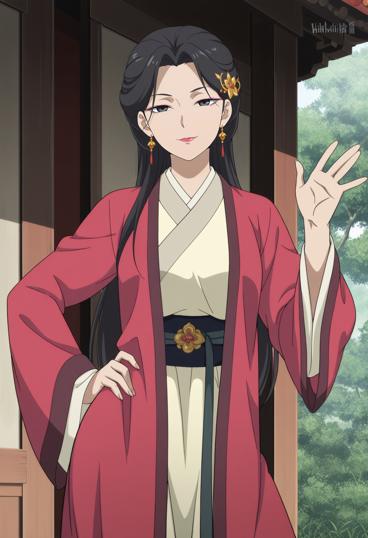 1girl,solo,mm,mature female,long hair,black hair,black eyes,earrings,makeup,lipstick,hair ornament,hair bun,anime coloring,
chinese clothes,hanfu,waving, contrapposto, hand on own hip, cowboy shot, looking at viewer, smile,outdoors
,masterpiece,best quality,amazing quality,<lora:Aoji-Fairies_Album:0.8>