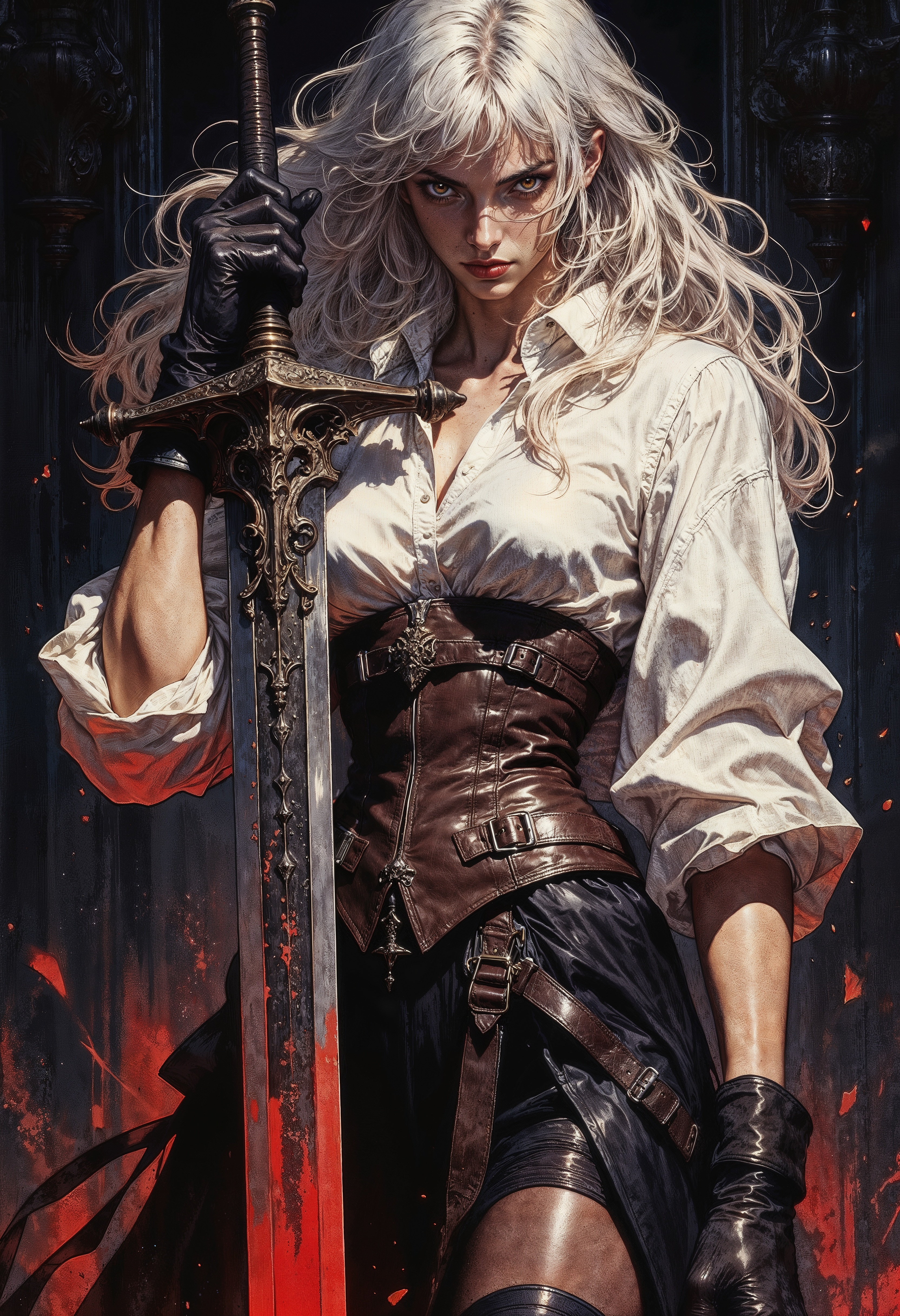 a dark, fantasy style, depicting a young woman with a stern, intense expression. She has long, flowing silver hair, partly covering her face, and her eyes are glowing with a fierce, red light. She wears a white, long-sleeved shirt with the sleeves rolled up, revealing her forearms. Over the shirt, she has a dark brown leather corset with metal buckles, cinching her waist tightly. Her black shorts are form-fitting and end just above her knees, exposing her thighs. She wears dark, thigh-high stockings, and her hands are covered by black gloves, one of which is gripping the hilt of a large, ornate sword.
The sword is the central focus of the image, extending diagonally from the bottom left to the upper right, with its blade glowing a blood-red color, hinting at the power and danger it possesses. The background is dark and shadowy, with subtle red embers or sparks floating around, adding to the ominous atmosphere. The overall color palette is dominated by dark tones with red accents, enhancing the menacing and dramatic feel of the artwork. The style is highly detailed, with a focus on textures and shadows to create a sense of depth and realism.