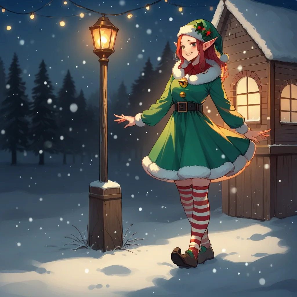 score_9, score_8_up, score_7_up, score_6_up, score_5_up, score_4_up, zPDXL2,source_anime,rating_questionable, snow, night, lights, smile, <lora:Christmas_Elf:0.7> 3lf, pointy ears, pointy hat, green dress, belt, striped socks, fur trim, bells, santa hat