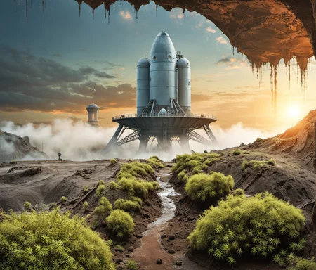 breathtaking scifi, (1 man portrait fullbody adventurous explorer,:1.3) looking at  epic mars  temple planetary  fortress base, weary dusty blue spacesuit style overall, stains,  hydraulic vault gates, huge rusty corroded eroded fuel pipes leaking murky slimy fluid, dusty cables, architecture overcome with plants , toxic water pond, overgrown moss, grit, old weary texture,cloudy sky, mist
 <lora:Overgrown-SDXL-b:1> <lora:BarnumAtelier-SDXLa:1> <lora:Grit-SDXL:1> <lora:Cloudify-SDXL:0.15> dim light sunset, (in background spaceship landing:1.1) . award-winning, professional, highly detailed