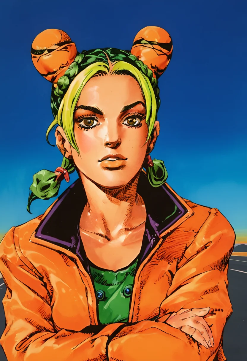 best quality, close up, a jolyne kujo with yellow and green hair with bun in orange coat , blue and orange colors, simple orange sky in background, by araki hirohiko <lora:araki_hirohiko-000016:0.7> <lora:add-detail-xl:0.8>