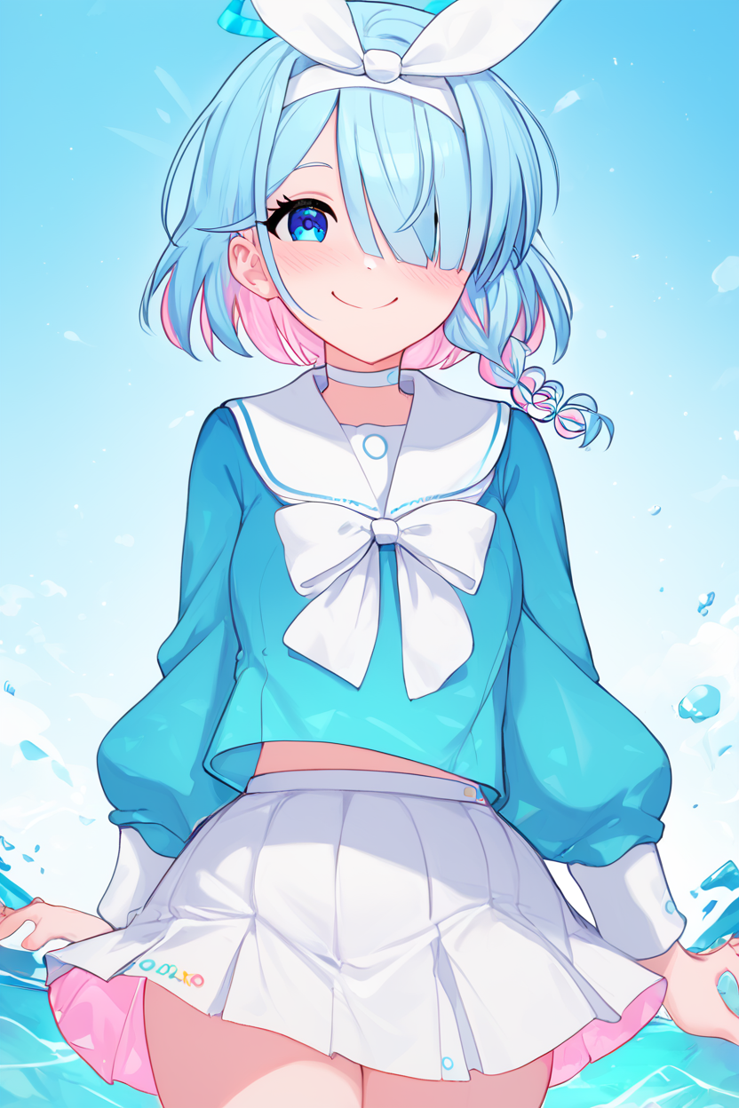 score_9, score_8_up, score_8, medium breasts, (curvy), cute, eyelashes,       BREAK, , ,,, zzArona, blue eyes, blue hair, hair over one eye, bangs, blue halo, mechanical halo, long sleeves, ribbon, school uniform, serafuku, skirt, white skirt, <lora:Arona_BlueArchive_PDXL:1.0>,   ,,,, BREAK, <lora:Afrobull_PDXL_v5:0.8>,  ,,, BREAK, smile, looking at viewer, closed mouth, cowboy shot,  ,,, embedding:zPDXL, Expressiveh, ,,, <lora:SDXLFaeTastic2400:0.5>, <lora:Expressive_H-000001:0.4>,