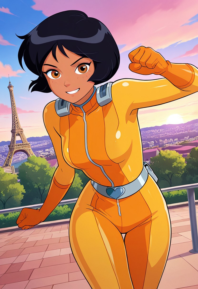 screencap, flat colors, official art, masterpiece, best quality, amazing quality, very aesthetic, high resolution, ultra-detailed, absurdres, newest,
alex_totally_spies, short hair, black hair, brown eyes, dark-skinned female, 1girl, solo, yellow bodysuit, looking at viewer, action pose, Eiffel Tower background