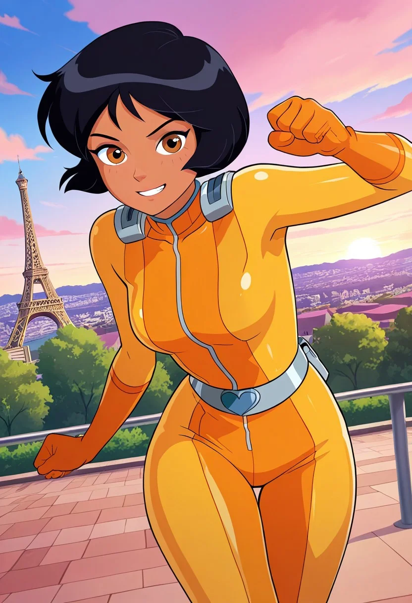 screencap, flat colors, official art, masterpiece, best quality, amazing quality, very aesthetic, high resolution, ultra-detailed, absurdres, newest,
alex_totally_spies, short hair, black hair, brown eyes, dark-skinned female, 1girl, solo, yellow bodysuit, looking at viewer, action pose, Eiffel Tower background