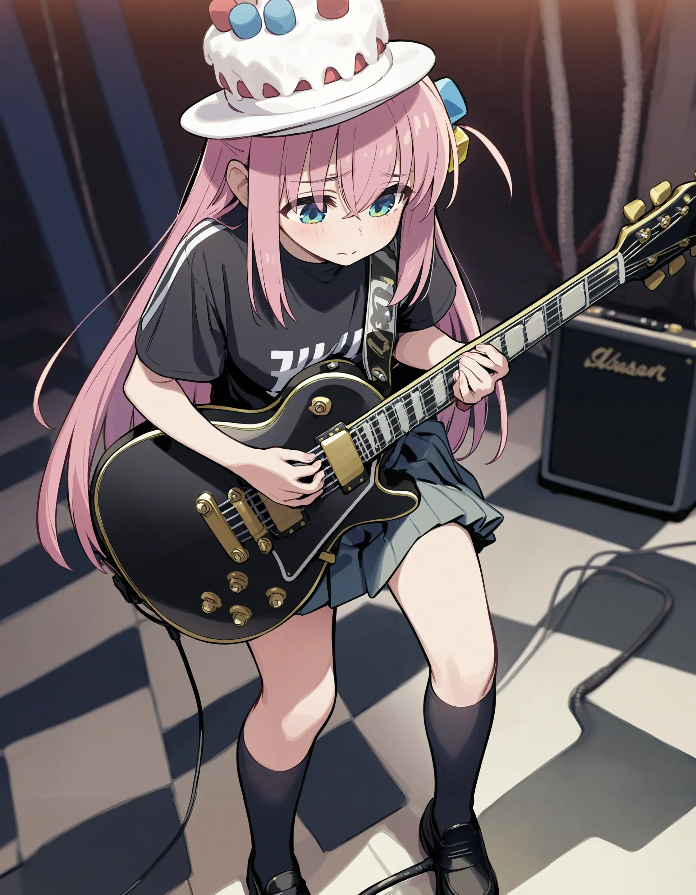 1girl, gotoh hitori, bocchi the rock!, (cake hat:1.1), kaito \(k4itoh\),
electric guitar, guitar, instrument, solo, pink hair, long hair, hair ornament, skirt, holding instrument, gibson les paul, shirt, black socks, holding, pleated skirt, socks, playing instrument, music, black shirt, checkered floor, blue eyes, standing, short sleeves, looking down, cable, closed mouth, kneehighs, bangs,
best quality, masterpiece,
<lora:concept_cakehat:1> <lora:artist_multi_xl-v2.7:1>