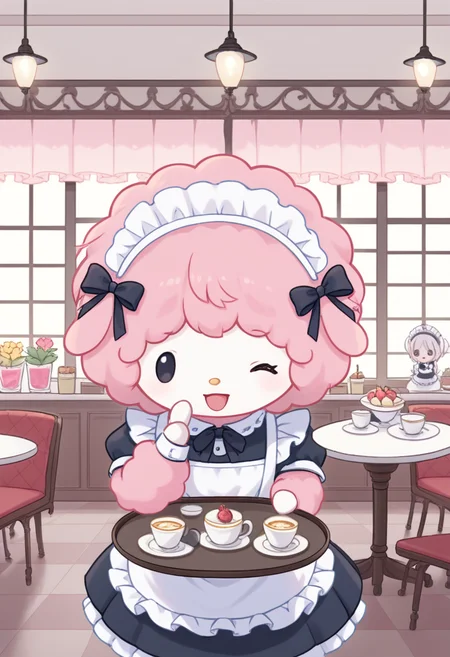 score_9, score_8_up, score_7_up, score_6_up, score_5_up, BREAK
mysweetp, open mouth, smile, dot eyes, furry, chibi, feral, (pink fur), white face, black eyes, solo, 1 girl, cafe, one eye closed, spoken heart, maid, maid headdress, tray