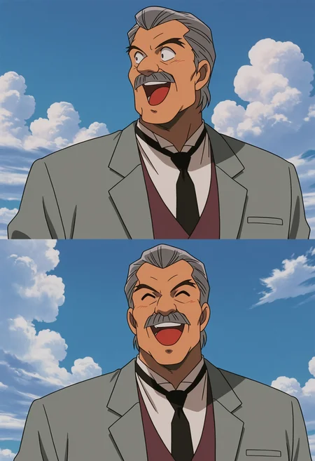 lazypos, 1boy, (close-up:1.5), looking back, laughing, happy, blue sky, cloudy sky,
<lora:Colonel_Moran_from_Detective_Conan_The_Phantom_of_Baker_Street_v1.0:1> pectorals,
dc02moran, old man, grey hair, hair slicked back, thick mustache, forked eyebrows,
grey suit, maroon vest, white shirt, black necktie,
retro artstyle, 2000s \(style\), anime screenshot,