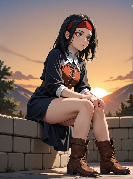 woman, eyeliner, eyeshadows, headband, medieval outfit, sunset, full body, boots, sit, cute pose, bare legs, low angle,, <lora:Woomy_1_IL:0.6> black hair, blue eyes, medium hair,